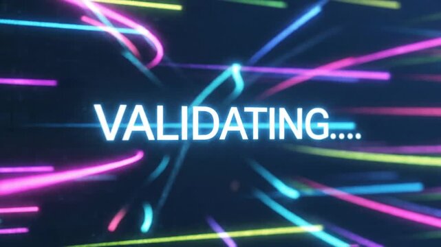 Digital registration process with neon lights, showing validating and complete stages of the online form submission