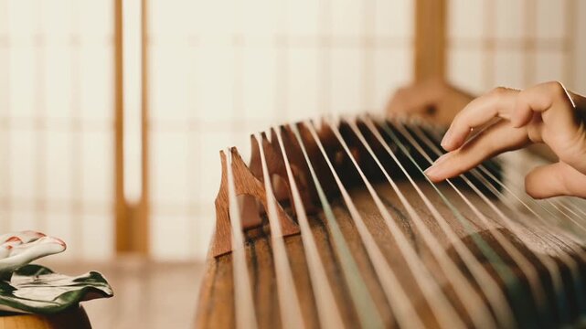 Close-Up of Hands Playing Traditional Wooden String Instrument