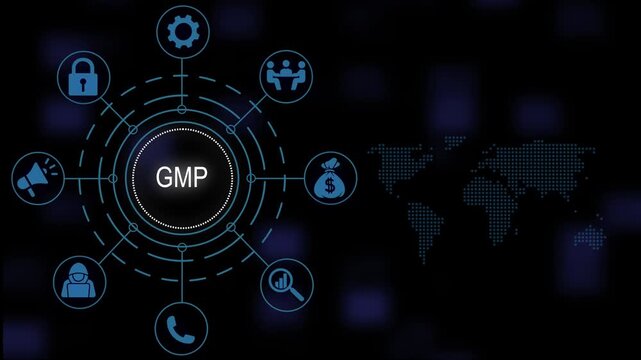 Comprehensive gmp good manufacturing practice business strategy concept featuring glowing digital network map interface and corporate compliance guidelines visualization