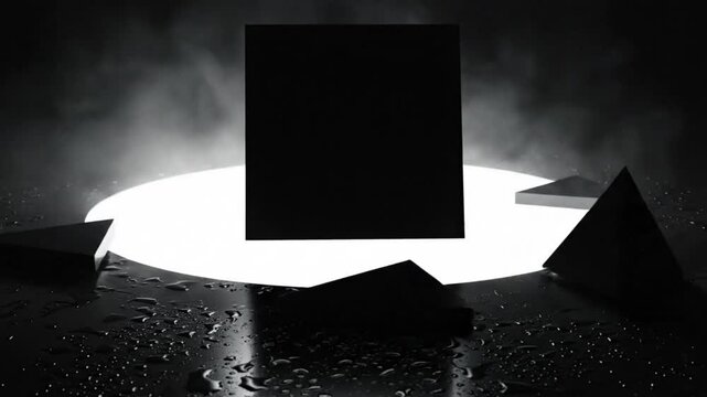 Mysterious geometric shapes appear on a reflective surface within a bright white circle surrounded by vapor