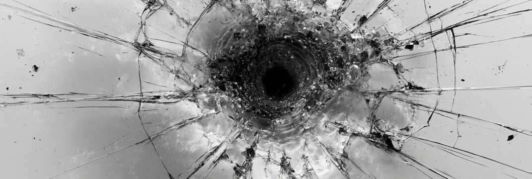 Einschussloch in zersplittertem Glas mit strahlenf&ouml;rmigen Rissen in Grau und Wei&szlig;, realistischer Stil, f&uuml;r Kriminalthemen, Sicherheitswerbung und Nachrichtengrafiken.