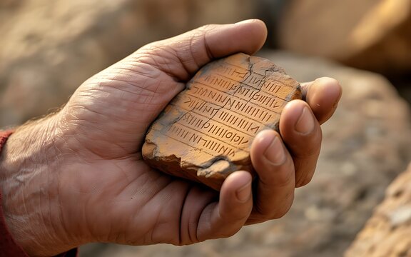Ancient Clay Tablet Human Hand Holding Archaeological Artifact Close Up Photo