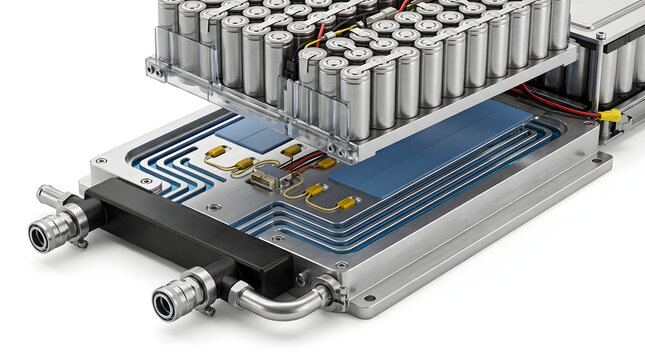 Electric vehicle battery cooling plate with exposed thermal channels, lithium ion battery cells and coolant connections for EV thermal management