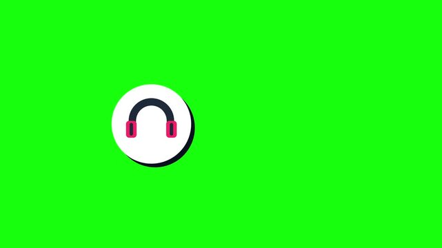 Headphone icon animation set with music player interface elements on green screen