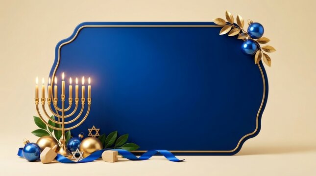 Hanukkah background with menorah and blue frame with copy space
