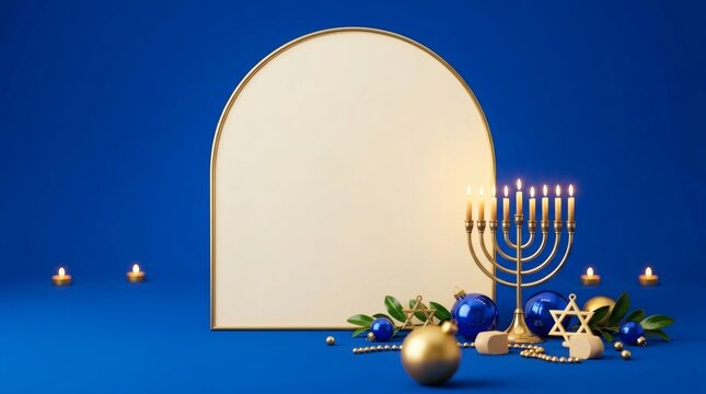 Hanukkah background with menorah and golden arch mockup on blue