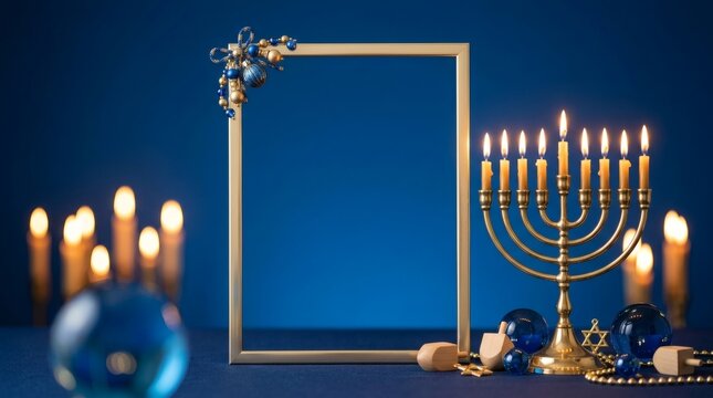 Hanukkah celebration background with golden menorah frame and glowing candles