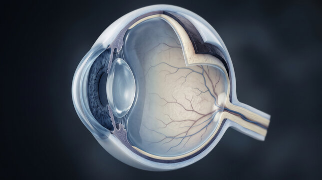Medical illustration of human eye anatomy cross section displaying retina lens sclera and blood vessels for education.