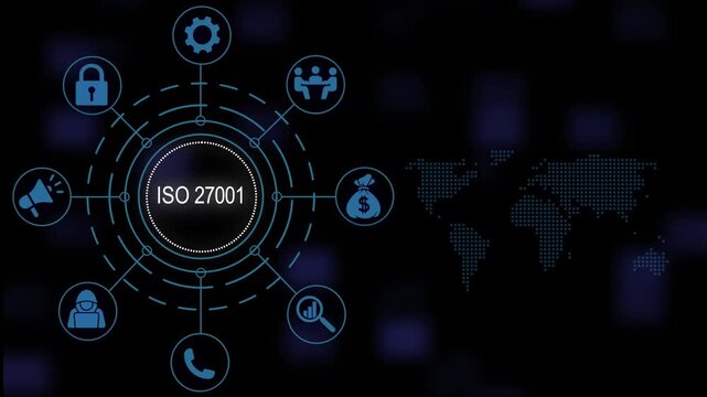 Comprehensive iso 27001 information security management system concept animation featuring futuristic technology interface with global network data background, and security compliance