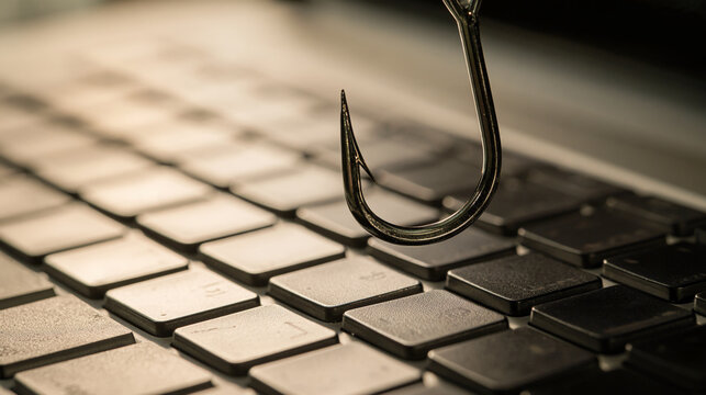 The hook hangs over the computer keyboard, symbolizing phishing, cyberattacks, and the threat to digital security.