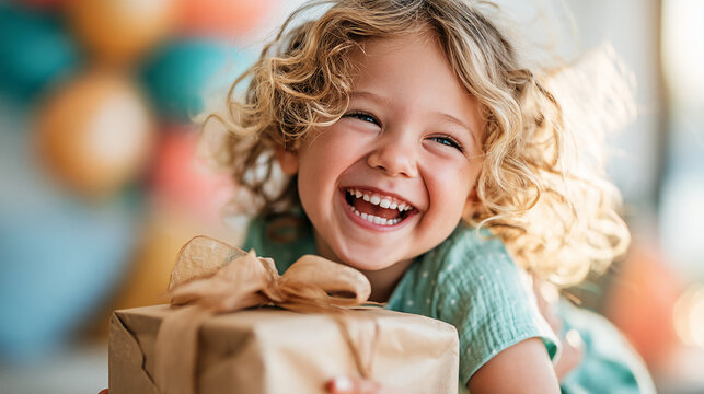 A happy girl is holding a gift against a backdrop of blurred balloons.