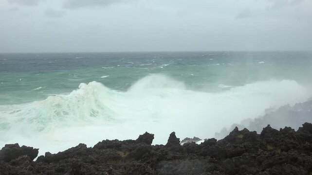 Huge Storm Waves Pound Rocky Coastline As Major Hurricane Hits