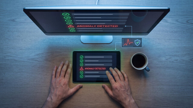 Anomaly detection and cybersecurity alert concept. Analyst using tablet and monitor showing red warning error message, system log and threat notification for network monitoring and data control