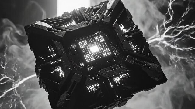 Futuristic abstract black cube with binary code and electric energy background animation