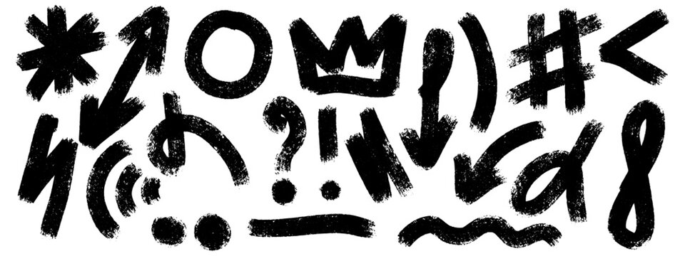 Bold brush shapes. Crown, arrows, circles and abstract elements with rough grunge texture. Hand drawn doodle marks for playful design elements.