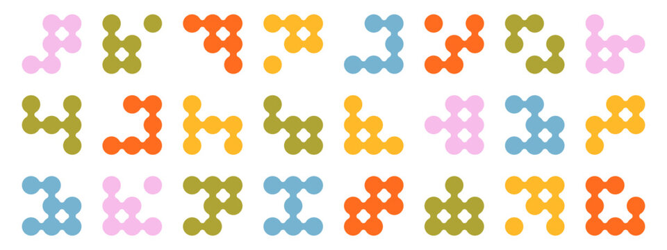 Colorful metaball icon set. Connected fluid spheres. Molecular and cellular shaped patterns. Playful fluid dots form.