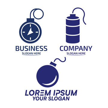 Set of bomb logo designs with clock, dynamite and spherical bomb icons