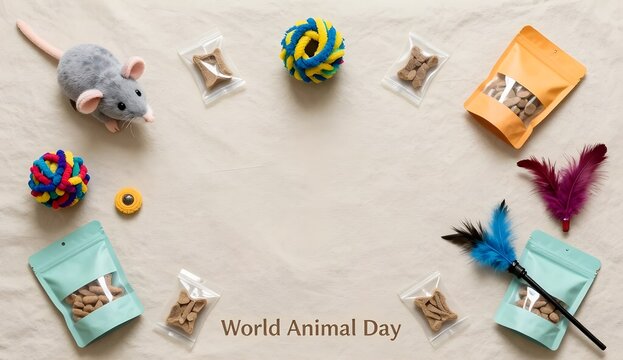 World Animal Day concept with feline toys, feather teaser and catnip snacks