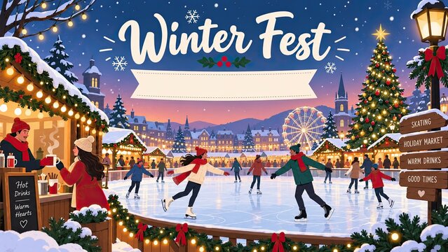 Festive winter festival illustration with an outdoor ice skating rink, decorated Christmas market, illuminated trees, and snowy town background.