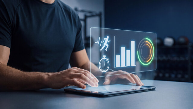 Fitness tracking and sport performance data concept. Athlete using tablet with digital running icon, heart rate chart and workout progress graph for health monitoring and training analysis