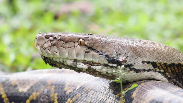 Reticulated python on the grass coiled low to the ground amidst green plants and foliage.