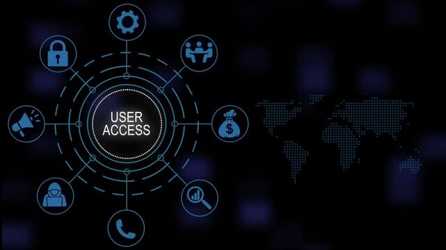 Comprehensive user access management concept with digital interface infographic featuring corporate security, global network connectivity, and modern business operations on dark blue background