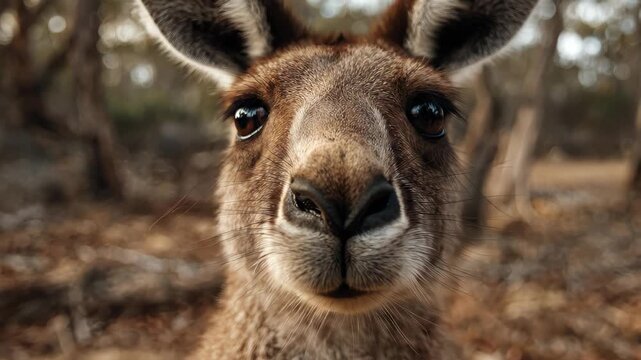 Close up portrait of a wild kangaroo looking at camera in Australian bushland forest.