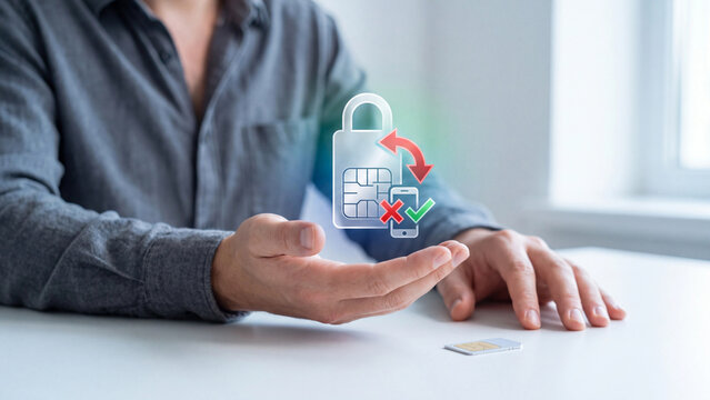 Sim swap fraud and mobile security concept. Man holding digital padlock with sim card chip and smartphone icon for phone number hijacking warning, identity theft risk and account protection
