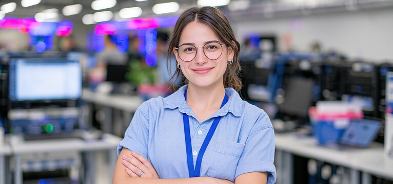 In a modern server room, a confident female technician stands amidst vivid lighting, highlighting cutting-edge IT technology.