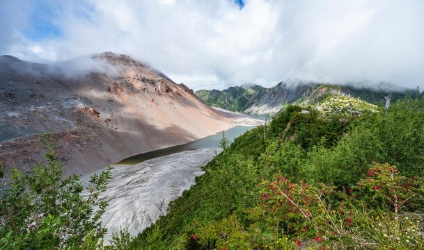 View of caldera with lake, Chait&eacute;n volcano crater, Pumalin National Park, Los Lagos, Patagonia Verde, Chile