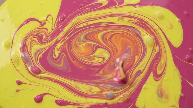 Yellow and pink paint swirling into spiral marble pattern