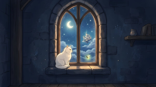 Fluffy white cat sitting on a windowsill gazing at a floating castle at night