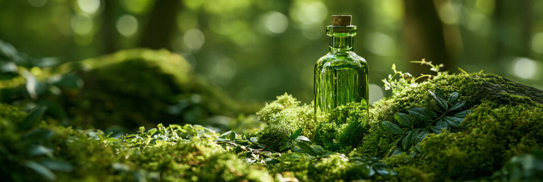 Gr&uuml;ne Glasflasche auf moosbewachsenem Stein im Wald, Naturkosmetik-Konzept