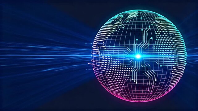 Digital earth globe model made of grid mesh with blue and pink circuit lines on dark background