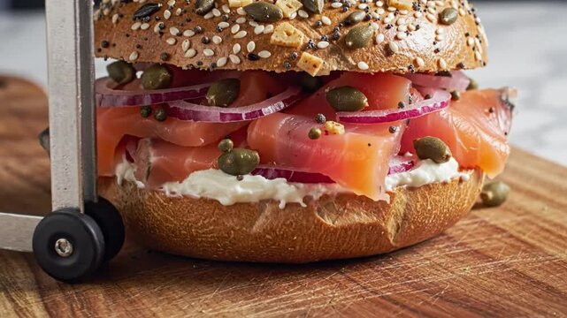 Delicious smoked salmon bagel sandwich with cream cheese, red onion, and capers on a wooden board.