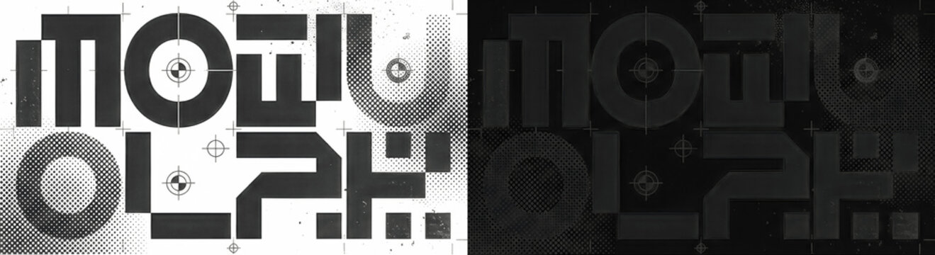 Modern brutalist typography design with halftone patterns and technical grid elements. Abstract geometric black and white vector composition for urban poster, streetwear branding, and digital art