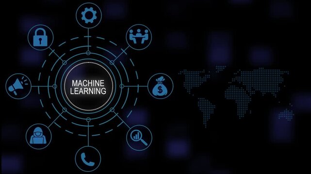 Machine learning hud interface concept animation featuring glowing circular network data flow and digital map background, for advanced enterprise, software technology presentations