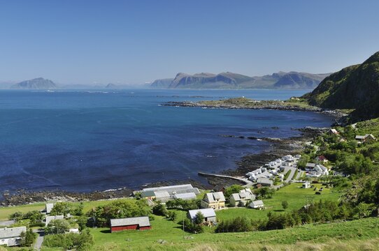 Runde Island with view of the village Goksoyr with camping ground, Norway, Scandinavia, Europe