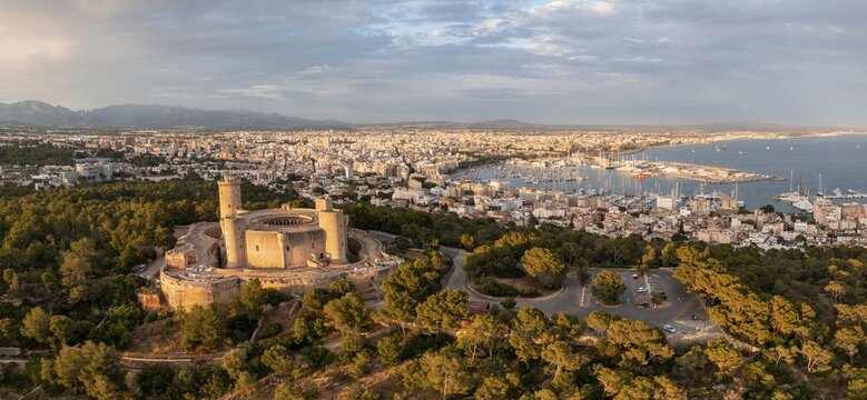 Aerial view, evening mood, round Castell de Bellver castle, view over the city of Palma de Majorca, Majorca, Spain