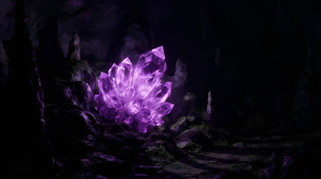 Glowing purple crystal formation in dark cave environment
