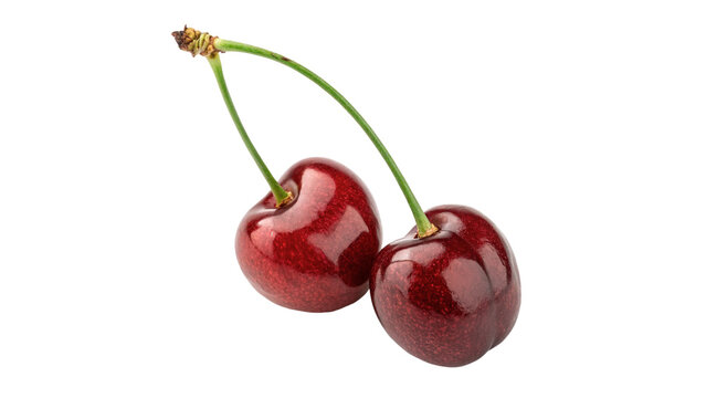 Two fresh ripe red cherries with green stem isolated on transparent background.