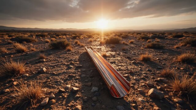 A striped tube rests on a dry desert landscape during a dramatic sunset. Ideal for environmental and industrial supply concepts.
