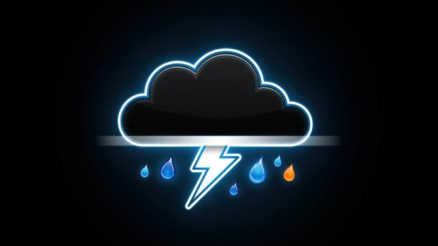 Neon storm cloud with lightning and raindrops glowing brightly on a dark background. Weather forecast concept for mobile app design.