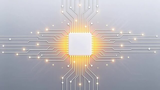 White square microchip with circuit lines and circular nodes on gray gradient background