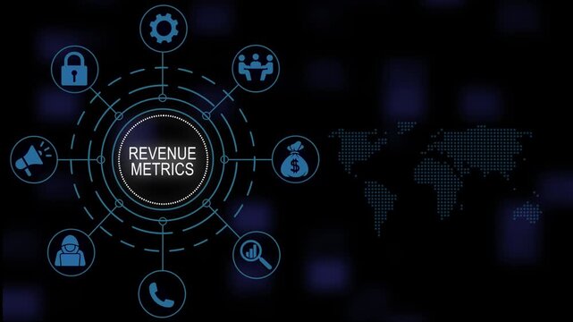 Dynamic revenue metrics infographic displaying financial growth data, business strategy and global market network connections in a modern corporate blue digital interface environment