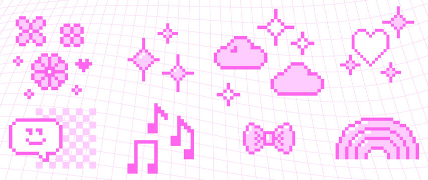 Cute kawaii pixel elements with spring flowers, heart, rainbow, bow, music notes and sparkles. Y2K retro game 8 bit pink icons for stickers, social media, gaming and digital content