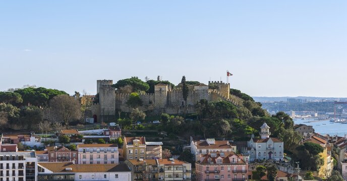 View of fortress, Castelo de S&atilde;o Jorge, S&atilde;o Jorge Castle, Lisbon, Portugal