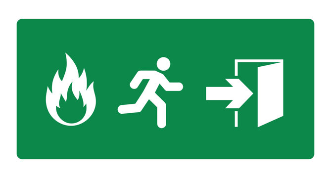Emergency Exit Sign. A clear and concise graphic depicts a running person icon moving towards an open door, with a flame symbol to the left, indicating an emergency exit route during a fire.