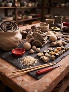 Sushi ingredients and pottery supplies on a table