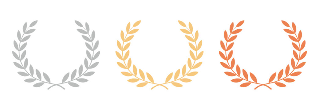 Tiers of Triumph: Gold, Silver, and Bronze Wreaths. Three distinct laurel wreaths, representing first, second, and third place in a competition or achievement.